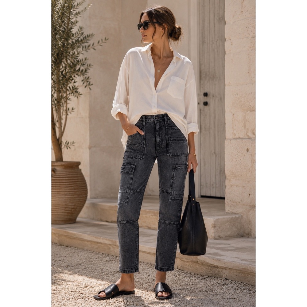 SLVRLAKE Savior‎ Cargo Jeans Women 26 Black Coal High Rise Straight Leg